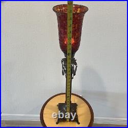 VTG Tall 30'' Cranberry Mosaic Glass Shade Brass Candle Holder. Taper/Votive