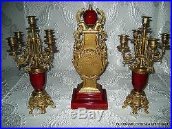 Vg Italian Brass/bronze Royal Red Maroon Fragonard Porcelain Clock Pr Candelabra