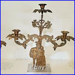 Victorian Figural 3 Arm Girandole Candelabra's Brass/bronze Marble Base Set Of 3