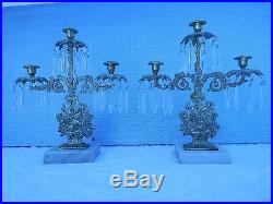 Victorian Solid Brass Matched Pair of Candelabras Cream Marble Bases 15 3/4 H
