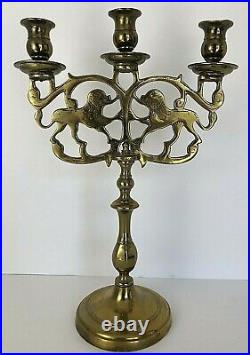 Vintage 14.5 BRASS Large 3 Taper Candlestick Candelabra Chinese Foo Dogs Asian