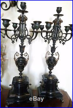 Vintage 1800's French Empire Neoclassical Style Brass & Black Marble Candelabras