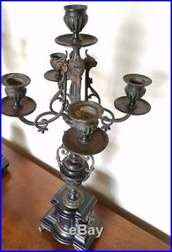 Vintage 1800's French Empire Neoclassical Style Brass & Black Marble Candelabras