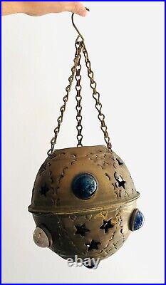 Vintage 1960s Bejeweled Moroccan Brass Hanging Candle Holder Rare