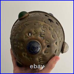Vintage 1960s Bejeweled Moroccan Brass Hanging Candle Holder Rare