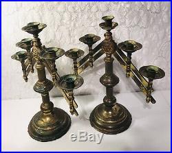 Vintage 2 Pair Solid Brass 5 Candle Candelabra Adjustable Altar Church Funeral