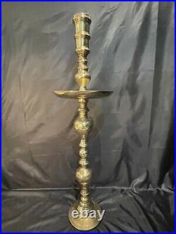 Vintage 36 Floor Etched Brass Candlestick With Drip Tray & LG Pillar Wax Candle