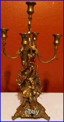 Vintage 4 Armed 5 Candle Holder Brass Bronze Cherub Candelabra Lamp 17 1/8 Tall