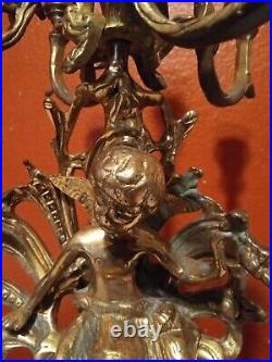 Vintage 4 Armed 5 Candle Holder Brass Bronze Cherub Candelabra Lamp 17 1/8 Tall