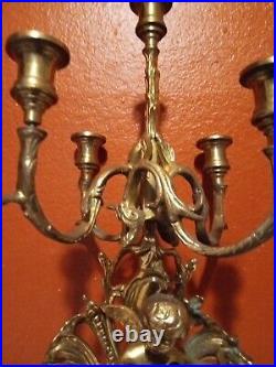 Vintage 4 Armed 5 Candle Holder Brass Bronze Cherub Candelabra Lamp 17 1/8 Tall