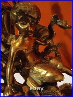 Vintage 4 Armed 5 Candle Holder Brass Bronze Cherub Candelabra Lamp 17 1/8 Tall