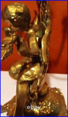 Vintage 4 Armed 5 Candle Holder Brass Bronze Cherub Candelabra Lamp 17 1/8 Tall