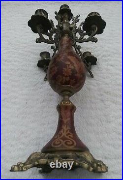 Vintage 5 Arm Candelabra Candle Holder Brass & Beautifully Painted Porcelain 19
