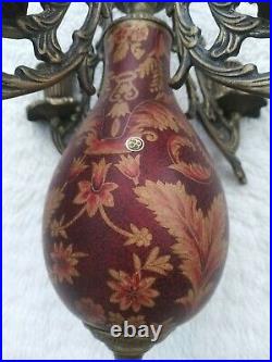 Vintage 5 Arm Candelabra Candle Holder Brass & Beautifully Painted Porcelain 19