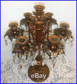 Vintage 7 Arm Candelabra Brass Glass Prisms Ornate Candle Holder 17 1/2