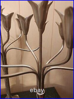 Vintage 7-Candle Tulip Flower Nickel Brass Candelabra Set, Made in India