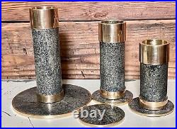 Vintage 7 pc Set MCM Candle Holder Brutalist Saulo Sulitjelma Norway Stone Brass