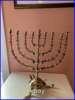 Vintage Antique Judaica Menorah Large Solid Brass 9 Branch Candle Holder 17x20