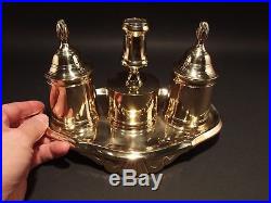 Vintage Antique Style Gold Brass Double Inkwell Stand Set w Candle Holder