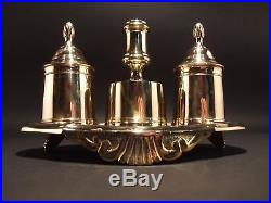 Vintage Antique Style Gold Brass Double Inkwell Stand Set w Candle Holder