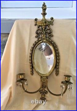 Vintage Antiqued Brass Oval Mirror Candlestick Holder Crystals Wall Sconce