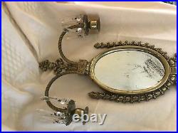 Vintage Antiqued Brass Oval Mirror Candlestick Holder Crystals Wall Sconce