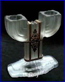 Vintage Art Deco satin glass & gilt brass filigree candle holders 1930's PAIR