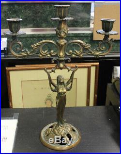 Vintage Art Nouveau Brass Candle Stick Holder with Figural Lady
