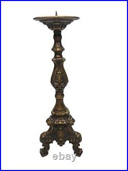 Vintage Baroque Style Pair Candlesticks Ornate Brass Three Footed Made In Italy