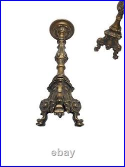 Vintage Baroque Style Pair Candlesticks Ornate Brass Three Footed Made In Italy