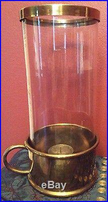 Vintage Blown Glass And Brass Footed Hurricane Finger Loop Rare Church Piece