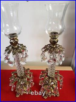 Vintage Brass And Crystal Decorative Candle And Globe Holders With Prisms