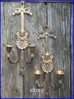 Vintage Brass Angel Cherub Candelabra Wall Sconce Candle Holders SET OF 2 J8