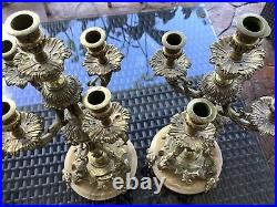 Vintage Brass Candelabras With Beige Marble Bases (set Of 2) 17.5