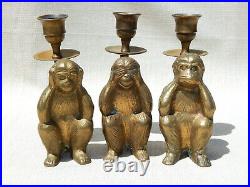 Vintage Brass Candle Holders, Monkey See No Evil, Do No Evil, Hear No Evil