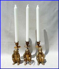 Vintage Brass Candle Holders, Monkey See No Evil, Do No Evil, Hear No Evil