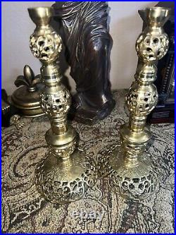 Vintage Brass Candlestick Column Pillar Candle Holder 11in Tall Japan (Pair)