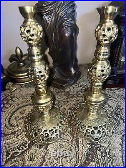 Vintage Brass Candlestick Column Pillar Candle Holder 11in Tall Japan (Pair)