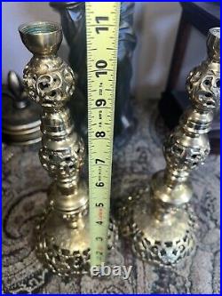 Vintage Brass Candlestick Column Pillar Candle Holder 11in Tall Japan (Pair)