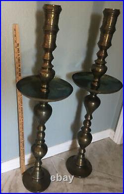 Vintage Brass Candlesticks Pair / Floor Candle Holders / Large Etched Tall 40