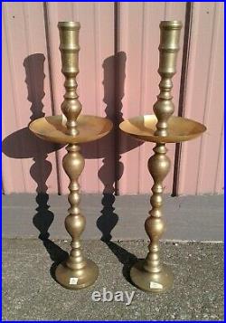 Vintage Brass Candlesticks Pair Floor Candle Holders Large and Etched 34