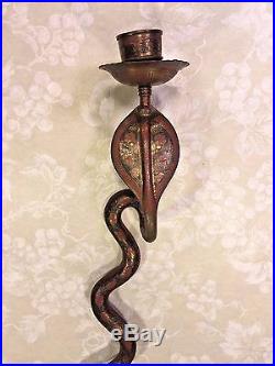 Vintage Brass Cobra Snake Candle Holder Painted and Incised Snake Body