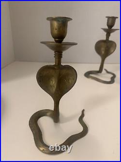 Vintage Brass Cobra Snake Candle Holders Pair engraved 7