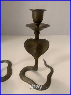 Vintage Brass Cobra Snake Candle Holders Pair engraved 7