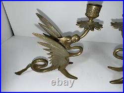 Vintage Brass Dragon Candle Holder Set Lot of 2 Griffin Gothic Mid Century Art