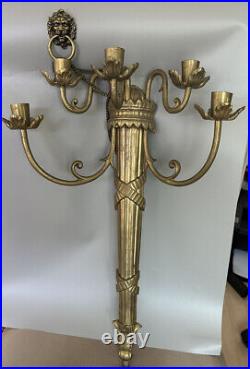Vintage Brass Empire Lion Head Wall Sconce Candelabra Candle Holder