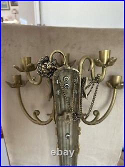 Vintage Brass Empire Lion Head Wall Sconce Candelabra Candle Holder