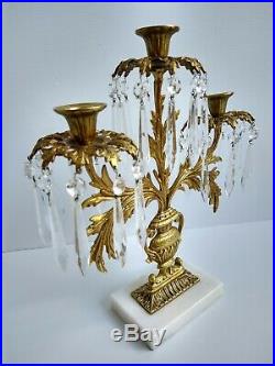 Vintage Brass Harvin Candelabra Urn Triple Candle Sticks Crystals Marble Base