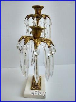 Vintage Brass Harvin Candelabra Urn Triple Candle Sticks Crystals Marble Base