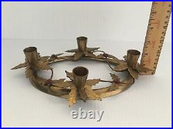 Vintage Brass Holiday Holly Christmas Advent Wreath Candle Holder